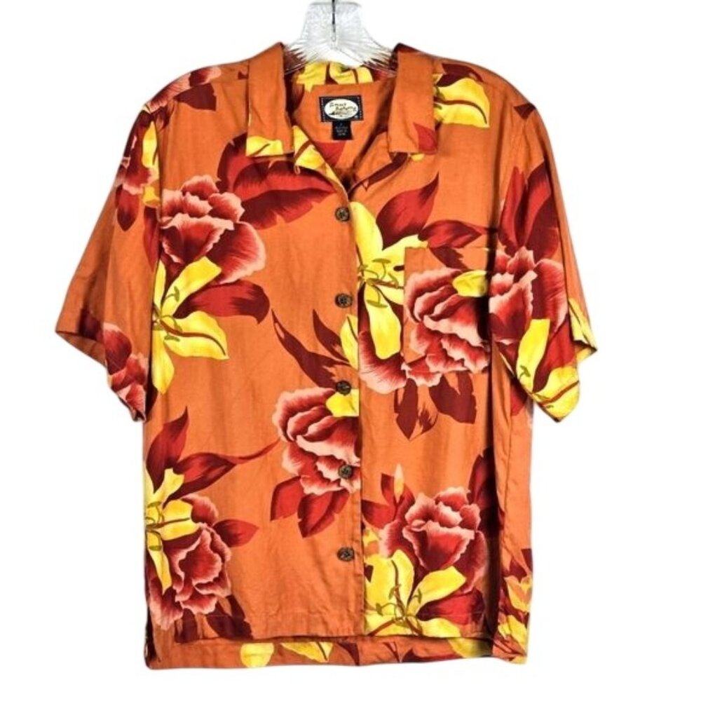 Tommy Bahama Silk Tropical Button Up Top‎ S Orange Floral Lightweight Resort